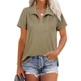 thumbnail image 2 of Blusa Cremallera Cuello En V Abertura Lateral Color Puro Casual Suelto Manga Corta Tops para Mujer Verde Claro L, 2 of 6