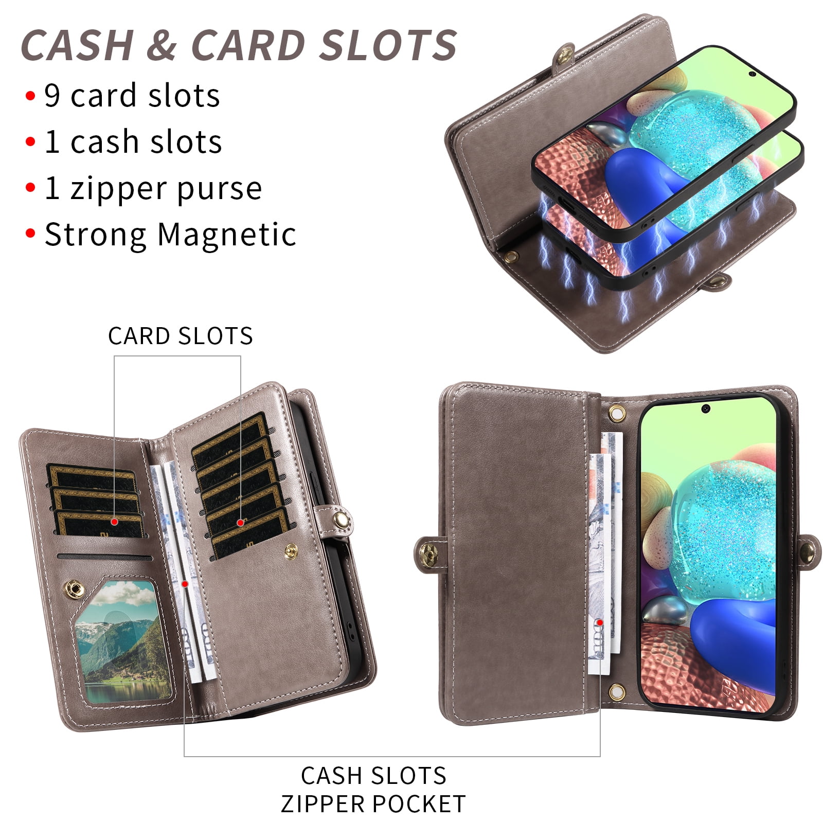 Asuwish Phone Case for Samsung Galaxy A71 5G Zipper Wallet Detachable Cell Cover with Tempered Glass Screen Protector Crossbody Lanyard Strap Flower Flip Card Holder A 71 G5 71A S71 Women Girls Gray