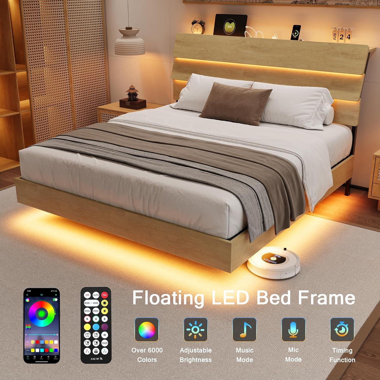 Feonase Full Floating Bed Frame with LED Lights & Charging Station, Platform Bed with Wooden Storage Headboard, Steel Slats Support, No Box Spring Needed, Easy Assembly, Noise-Free,Oak