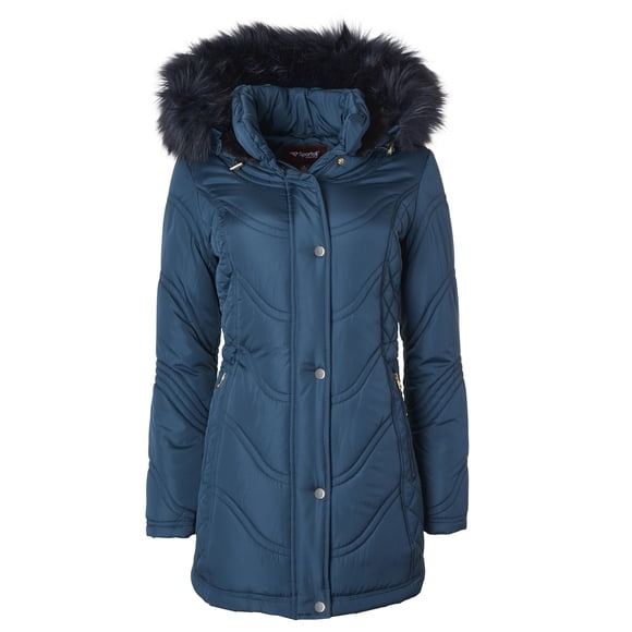 Jackets for Women Quilted Down Alternative Longer Winter Coat with Fur Trim Hood - Reflective Blue (Small)