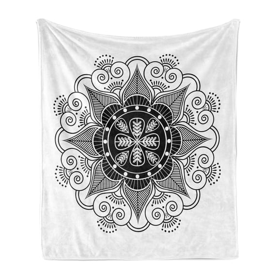 Tattoo Soft Flannel Fleece Blanket, Illustration of Floral Oriental Mandala Style Folk Motifs in Monochrome, Cozy Plush for Indoor and Outdoor Use, 50" x 60", Charcoal Grey and White, by Ambesonne