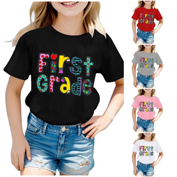 Trendfront Girls Grade Graphic T Shirts Crewneck Short Sleeve Colorful Letter Print School Theme Outfit Back To School Casual Tee Tops