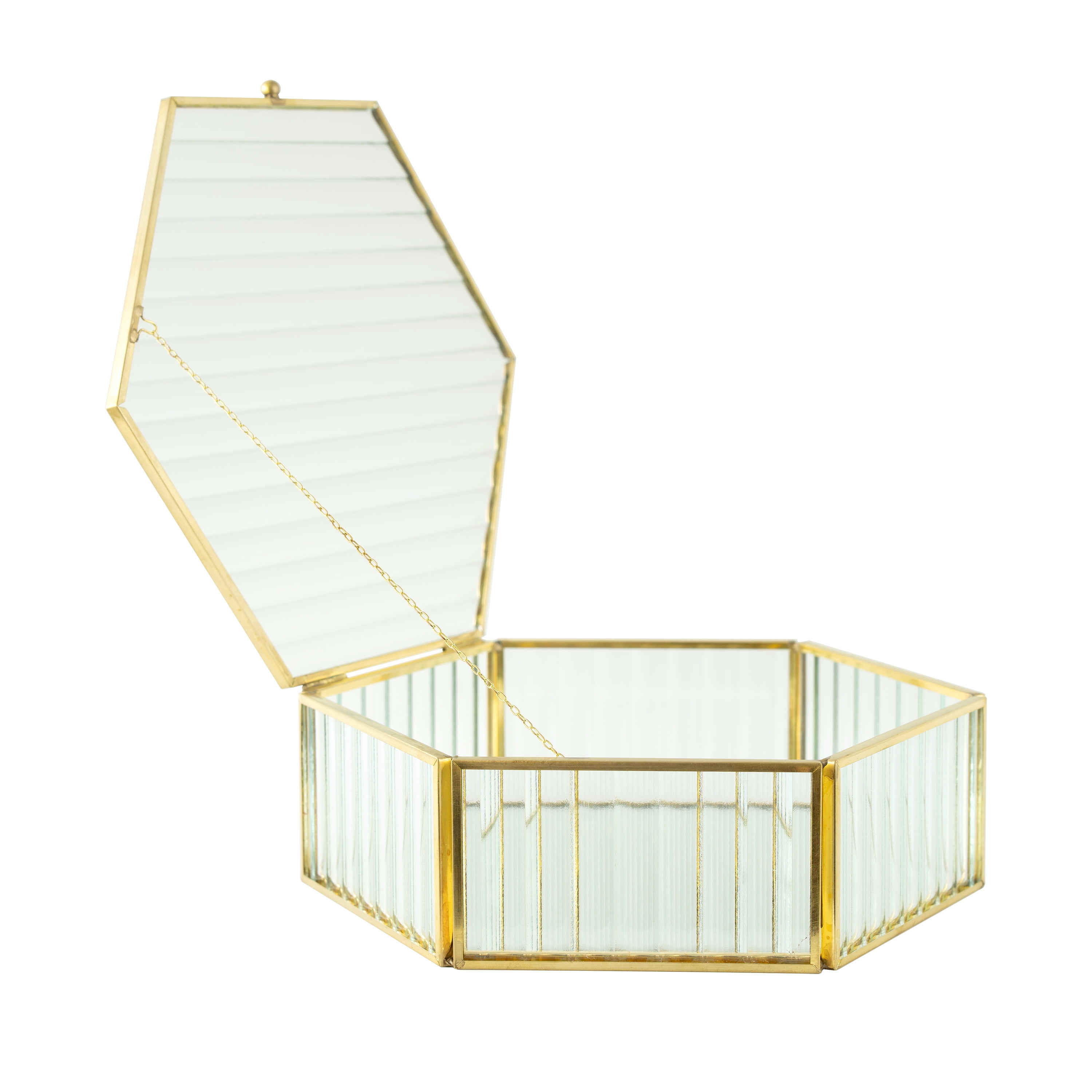 Hexagon Ribbed Clear Glass and Brass Hinged Top Jewelry Box
