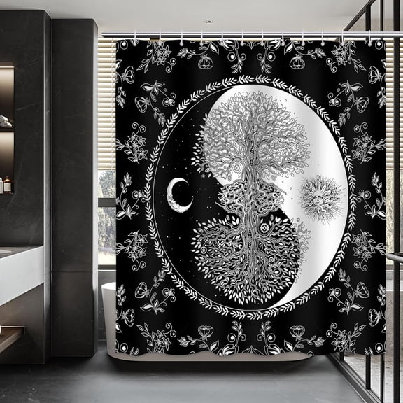 Black and White Shower Curtain, Gothic Shower Curtain, Blessing Tree Tai Chi Sun and Moon Shower Curtain Set Waterproof Bath Curtain Bathroom Decor with 12 Hooks, 72x72 inches