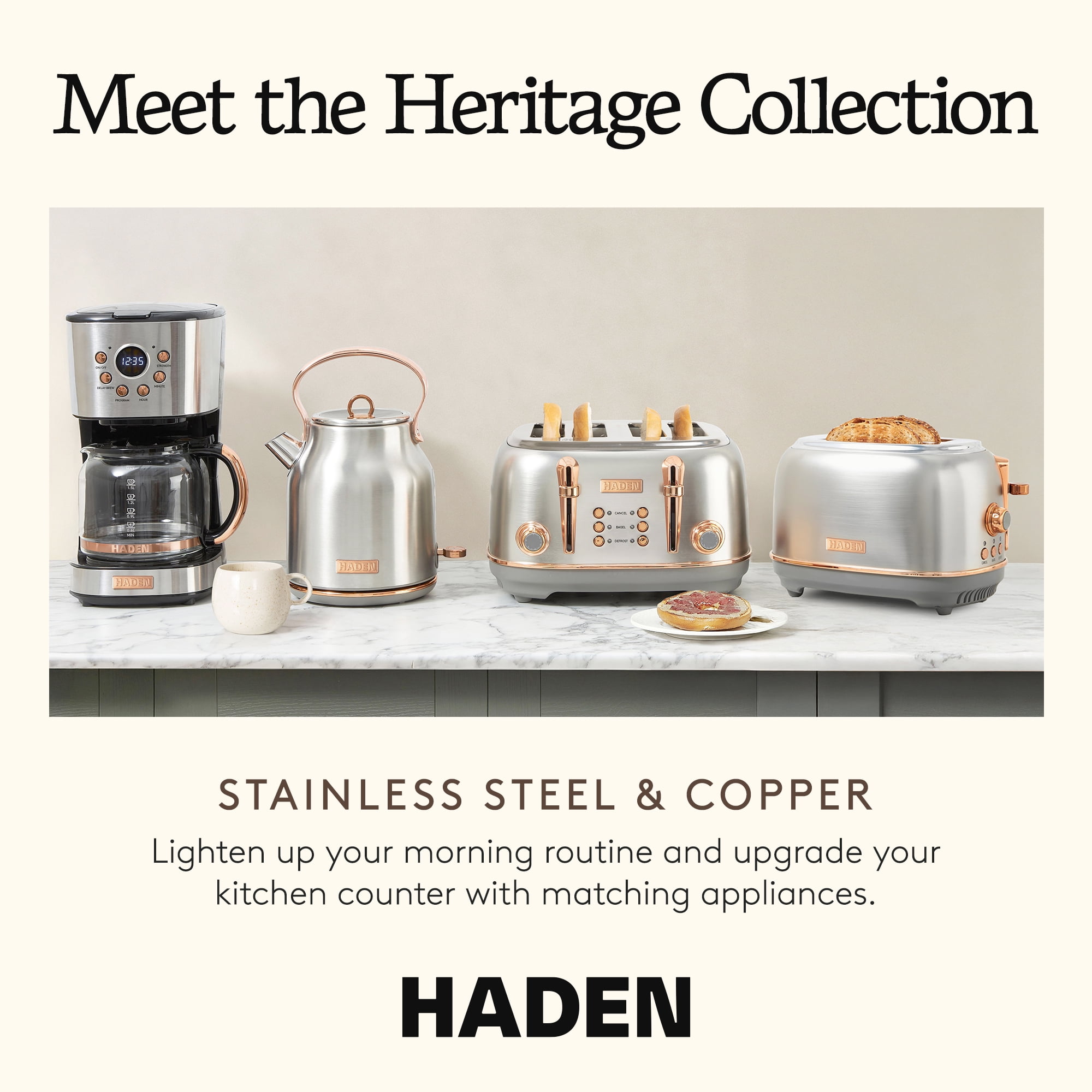 Open Box Haden Heritage 4 Slice Wide Slot Stainless Steel Toaster, Steel/Copper