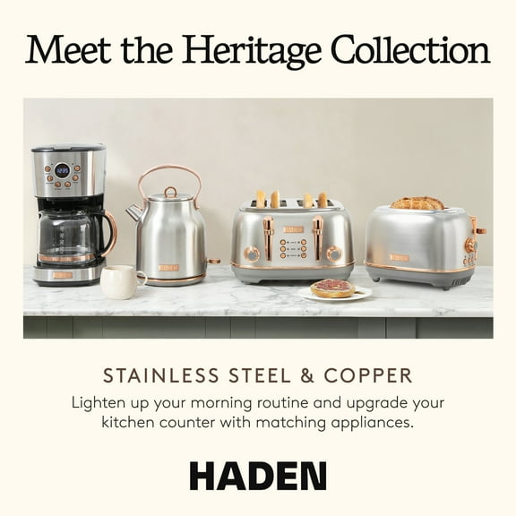 Open Box Haden Heritage 4 Slice Wide Slot Stainless Steel Toaster, Steel/Copper