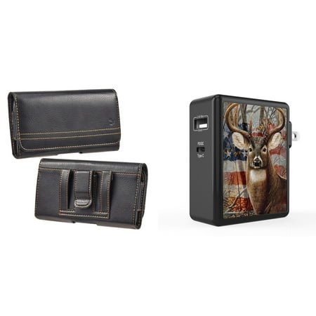

Holster and Wall Charger Bundle for Nokia C200: Horizontal Pro Belt Pouch Case (Black) and 45W 2 Port (Power Delivery USB-C USB-A) Power Adapter (American Deer Camo)