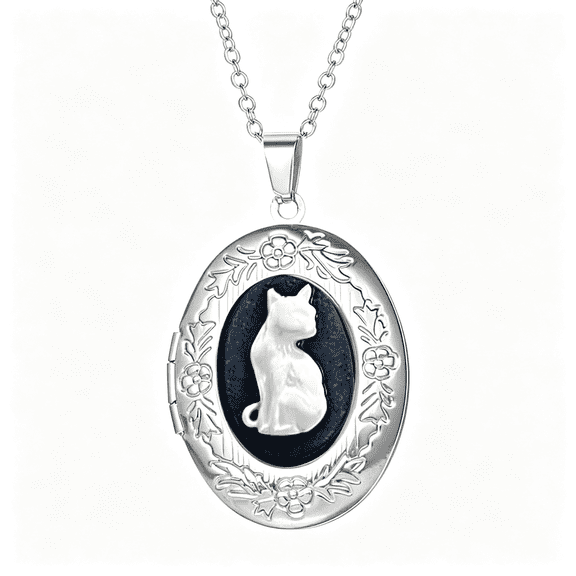 SELIVO Vintage Cat Locket Necklace for Women Men Unique Photo Locket Hold Picture Engraved Flower Oval Round Pendant Necklace Antique Carved Pattern Souvenir Memorial Clavicle Memorial Jewelry