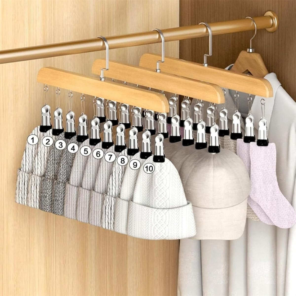 Closet Organizer with 10 Clips - 360° Rotating Wooden Pants Hanger, Space-Saving Rack for Leggings, Jeans and Hats