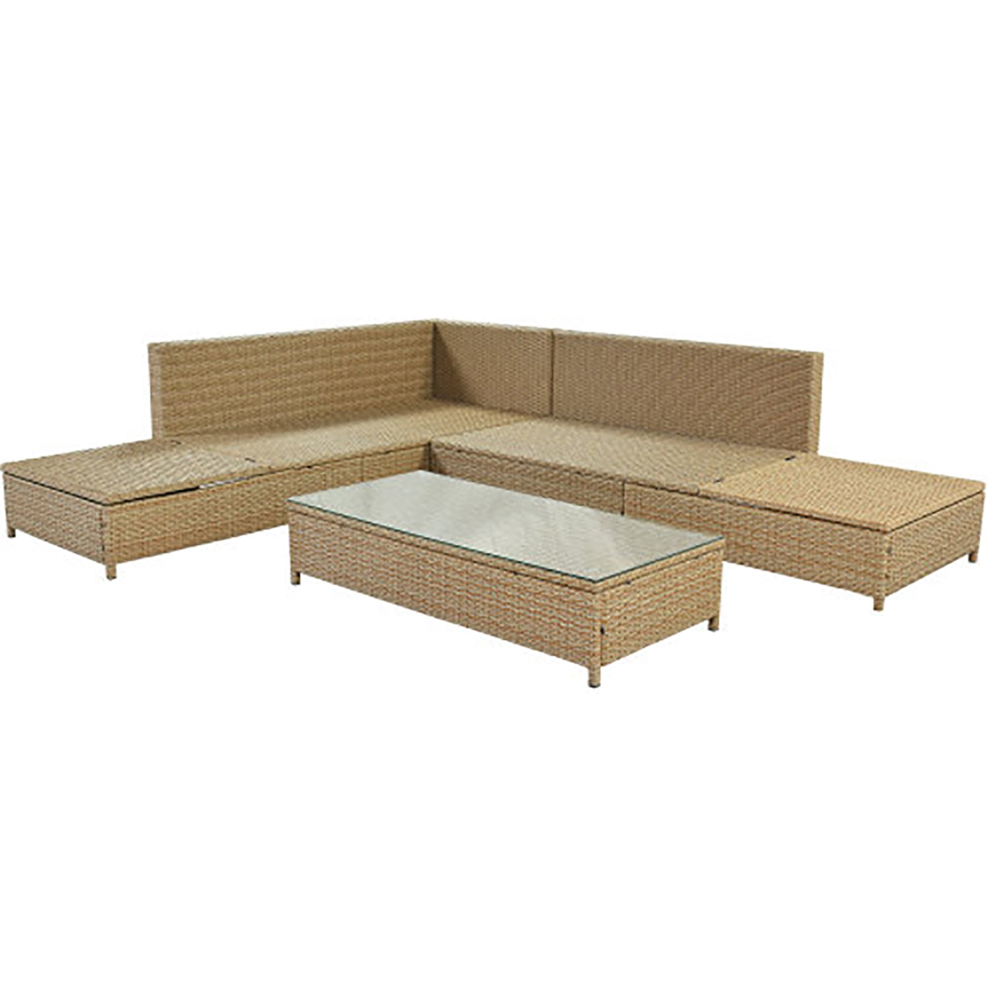 Kadyn All Weather PE Wicker Sectional Set with Adjustable Chaise Lounge Frame and Tempered Glass Table, Patio 3-Piece Rattan Sofa Set ， Brown