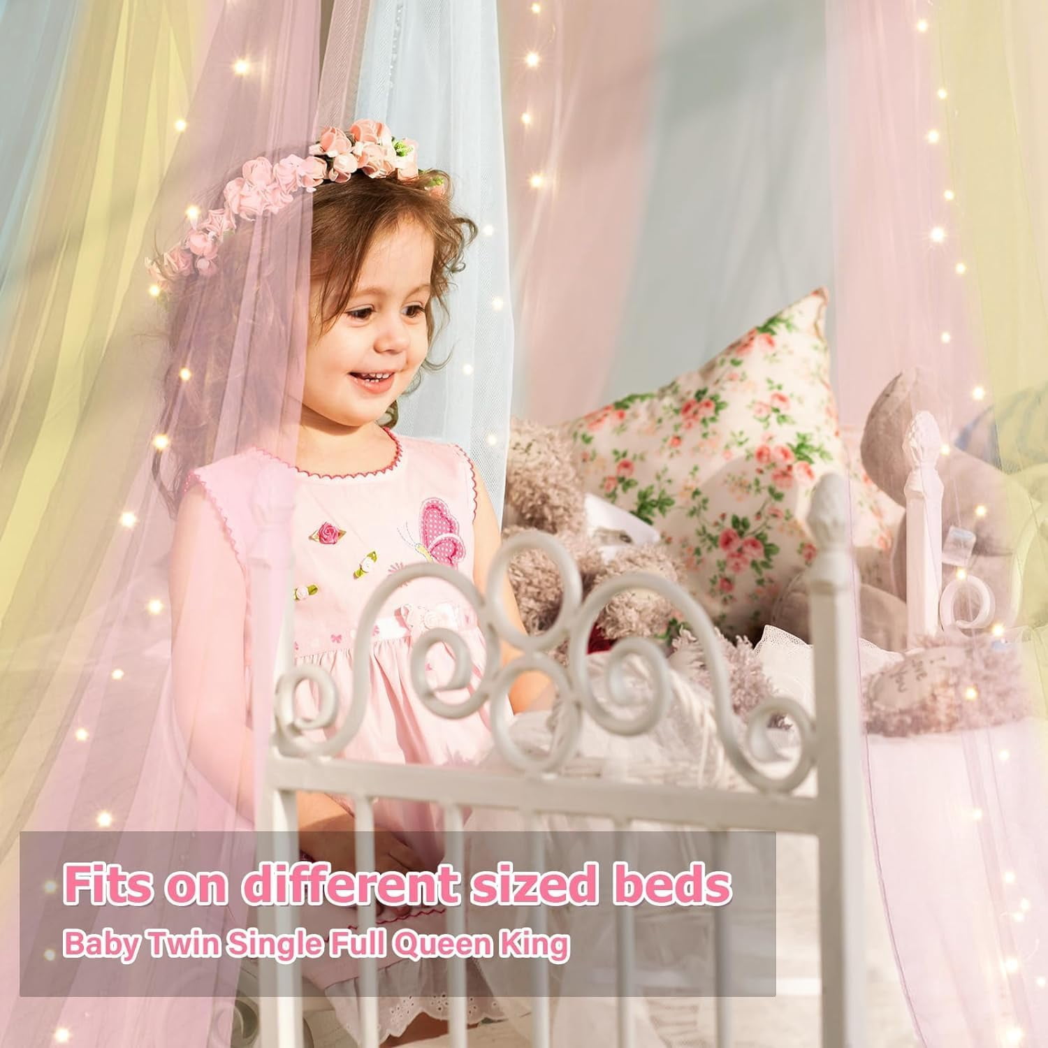 Jozram Bed Canopy with Star Lights, Princess Play Tent for Girls Room, Breathable Canopy Bed Curtain for Children Reading Nook, Machine Washable Canopy,Pink