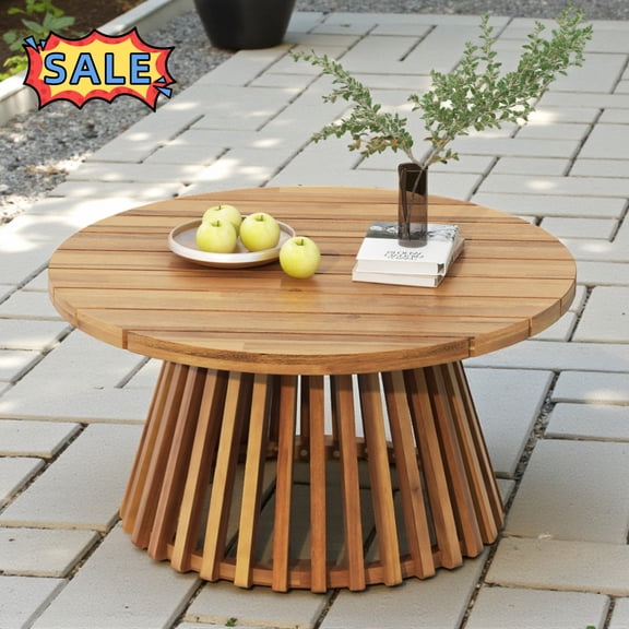 Tcbosik 31.5" Outdoor Coffee Table, Wood Accent Table. Round Patio Table for Garden, Porch, Balcony, Easy Assembly, Teak