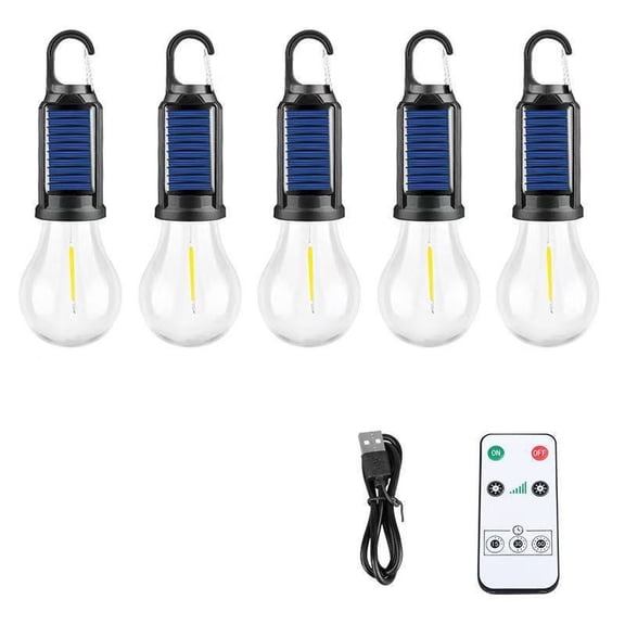 5Pack Solar Rechargeable Light Bulbs, USB Rechargeable Led Camping Lantern with Remote Control,Outdoor Hanging Light Bulbs with Clip Hook for Christmas, Decorations, Emergency, Flashlight