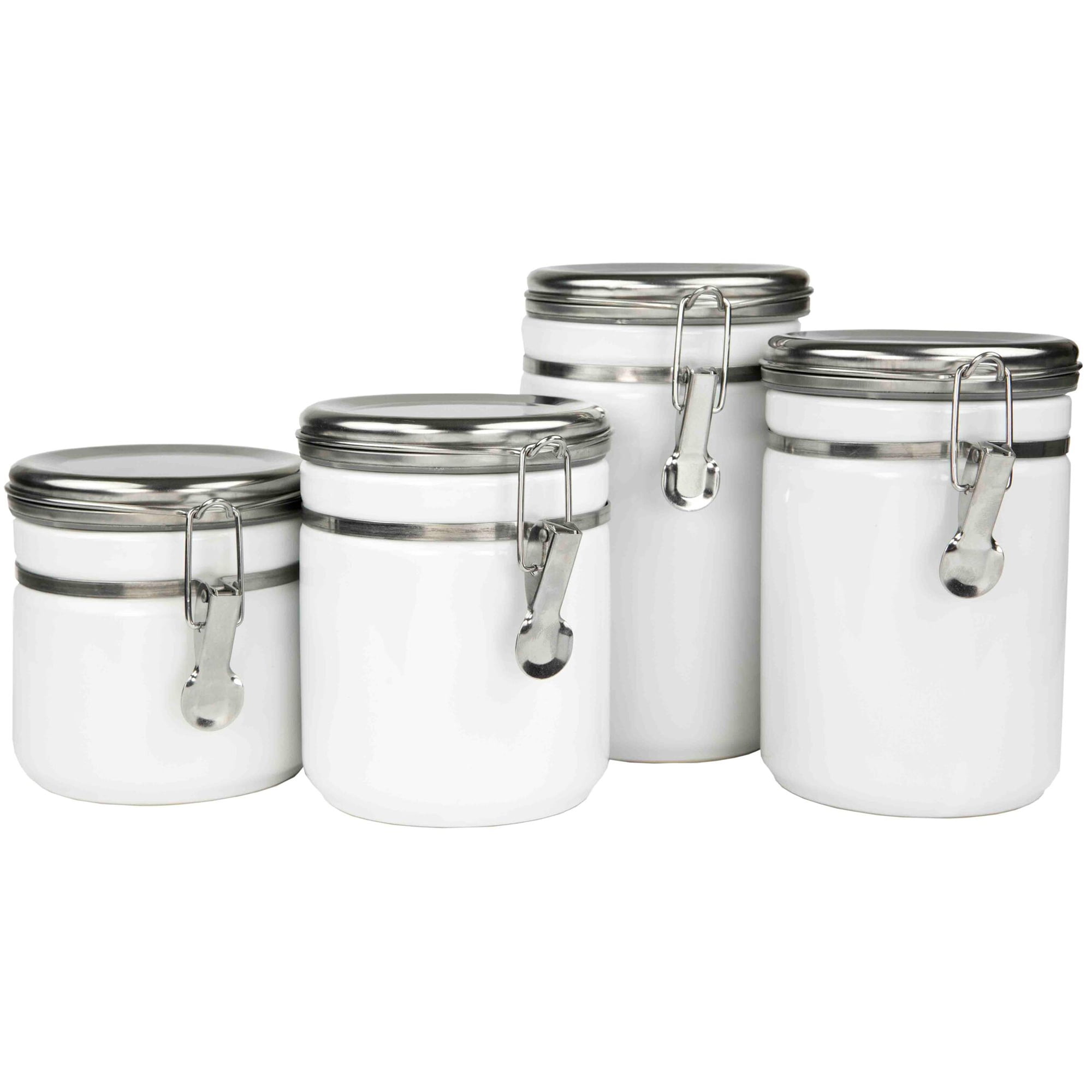 Home Basics White 4 Piece Ceramic Food Storage Canister Set Stainless