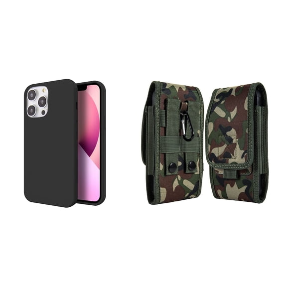 Slim Silicone Case and Belt Holster Pouch for iPhone 14 Pro (Black/Jungle)