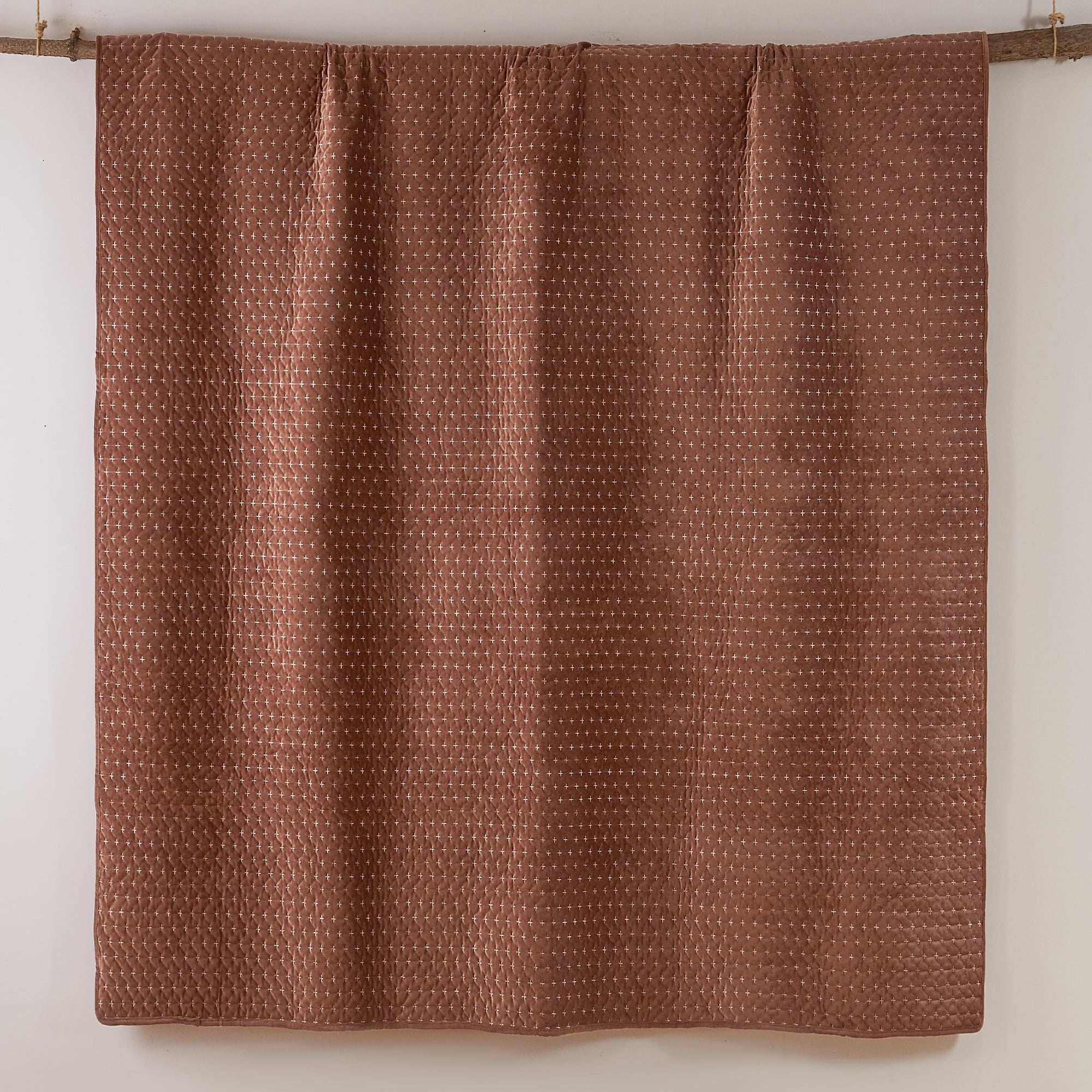 Levtex Home - Velvet Stitch Quilt Set - King Quilt and Two King Shams - Cross Stitch Velvet - Rust with White - Quilt (106x92in.) and Shams (20x36in.) - Reversible - Polyester