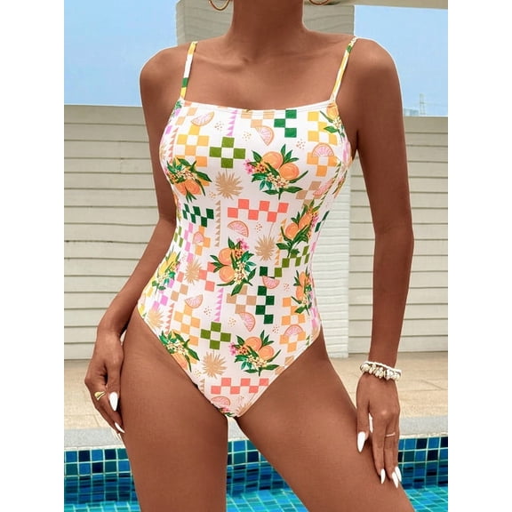 Women's Print One Piece Swimsuit, Cute Spaghetti Strap Bathing Suit, Summer Beach Swimwear