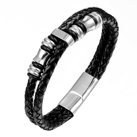 Men Fashion Kintted Leather Concise Retro Cool Black Bracelet Delicate