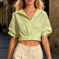 thumbnail image 4 of Women Solid Button Down Short Sleeve Blouse Casual Collared Crop Top Green XXL, 4 of 5