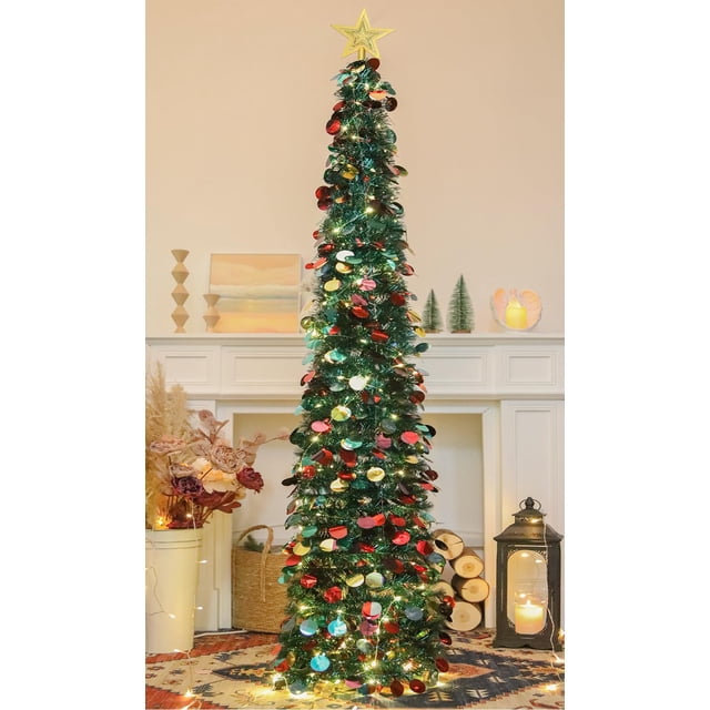 Árbol de Navidad SINTENILL de 6 pies con 100 luces LED, malla azul