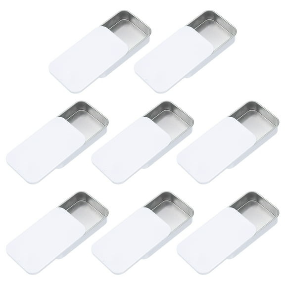 8Pack Slide Top Tin Containers, 3"x2"x0.6" Mini Metal Empty Tins Box with Sliding Lids, White