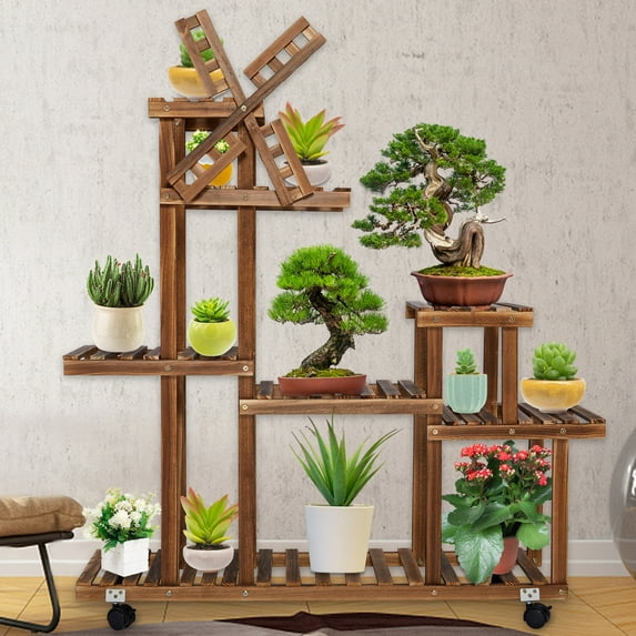 YouLoveIt Wood Flower Plant Stand Flower Pot Plant Stand, Wooden Plant Stand with Wheels, Pot Flower Wood Planter Stand Rack Multi Tier Flower Shelves Stands for Patio Garden Balcony Yard