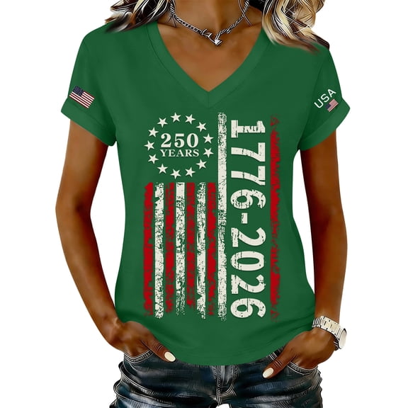 Women's 250th Anniversary USA Shirt Independence Day Top 4th of July Shirts America 250 Merchandise V Neck Flag Graphic Casual Tee