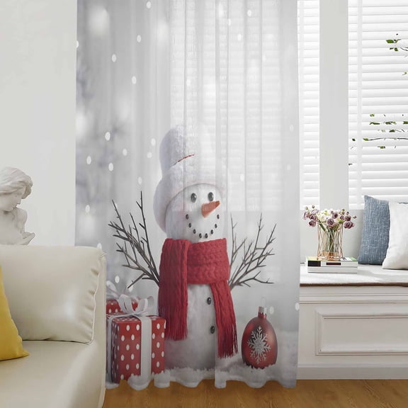 Grey Snowman Christmas Semi Sheer Curtains Drapes for Living Room, Bedroom, French Doors Window 54 Inches Long, Xmas Snowflake Balls Gifts Rod Pocket Chiffon Curtain Drapery Voile Draperies Panel