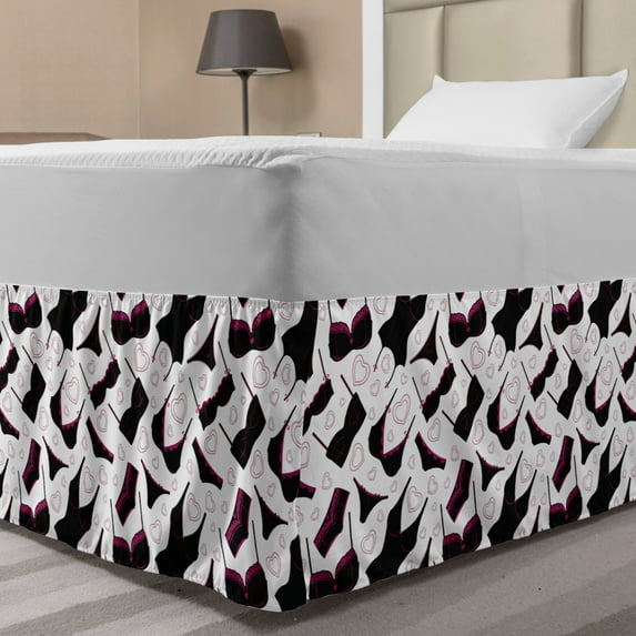 Retro Bed Skirt, Lingerie Pattern Brassiere and Panties with Hearts Women`s Fashion Underwear, Elastic Bedskirt Dust Ruffle Wrap Around for Bedding Decor, 4 Sizes, Black Fuchsia White, by Ambesonne