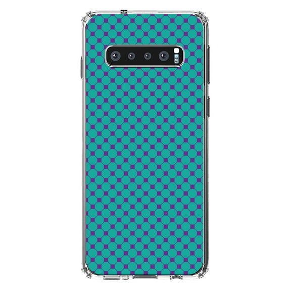 DistinctInk Clear Shockproof Hybrid Case for Samsung Galaxy S10 (6.1" Screen) - TPU Bumper, Acrylic Back, Tempered Glass Screen Protector - Teal Purple Checkered Pattern - Geometric Checkered Pattern