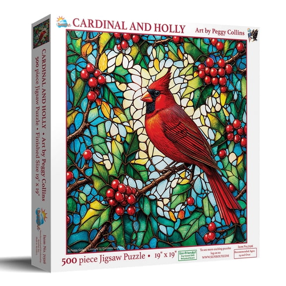 SunsOut Cardinal and Holly 500 Piece Jigsaw Puzzle for Adults - Finished Size: 19" x 19" by Artist: Peggy Collins