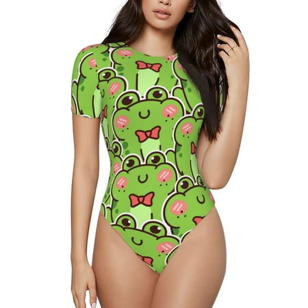 Gaeub Cute Green Frog Print Women s Short Sleeve One Piece Swimsuit Sexy High-Waisted Bodysuit Bathing Suit for Swimming  Beach  Sports-Medium