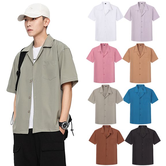 HAOYUNL Summer Short Sleeve Shirt Hawaii Loose Solid Color Casual Lapel Regular Short Sleeve Shirt for Men M-3XL