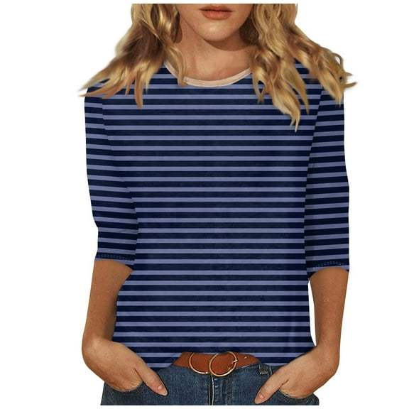 Womens Tops Plus Size Fashion Women's Striped Printed Blouses Three-Quarter Sleeve T-Shirt Round-Neck Top