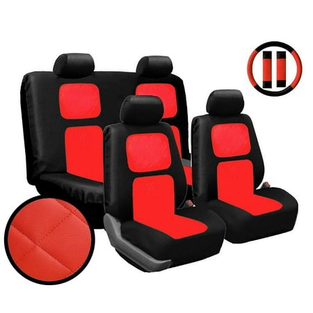Faux Leather Seat Pads Premium 13 Piece Luxury Red Diamond Stitching Universal Faux Leather Car Seat Cover Set w/ Steering Wheel & Seat Belt Pads ()