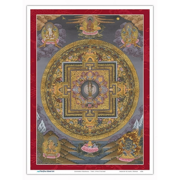 Buddhist Mandala - Vintage Tibetan Thangka Buddhist Painting - Tibet, 19th Century - Master Art Print (Unframed) 9in x 12in