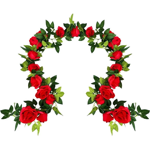 UKELER 2 Pack 14FT Artificial Rose Vines Red Flower Garland Artificial Rose Flowers with Green Leaves Floral for Wedding Arch Party Garden Craft Home Decor