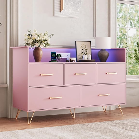 5 Drawer Dresser for Bedroom, 47 in Modern Wooden Dresser with LED Lights & Charging Station, Wide Chest of Drawers Storage Organizer for Nursery Hallway Apartments, Pink