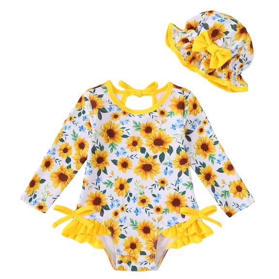 KIMI BEAR Infant Baby Girls One-piece Swimsuit 18-24 Months Bathing Suit Ruffle Long Sleeves Floral Beach Wear UPF 50 Rash Guard Swimwear with Hat 2pcs Yellow