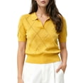 thumbnail image 2 of Women'S Short Sleeve Po-Lo Sweater Knit V Neck Pullover Shirt Summer Top Ginger Yellow XL, 2 of 7