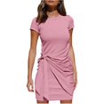 thumbnail image 1 of Nouveau Femmes Casual Manches Courtes T-Shirt Robe Crewneck Bodycon Froissée Cravate Taille Mini Robes, 1 of 2