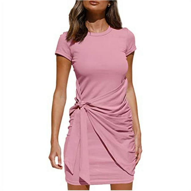 Nouveau Femmes Casual Manches Courtes T-Shirt Robe Crewneck Bodycon Froissée Cravate Taille Mini Robes