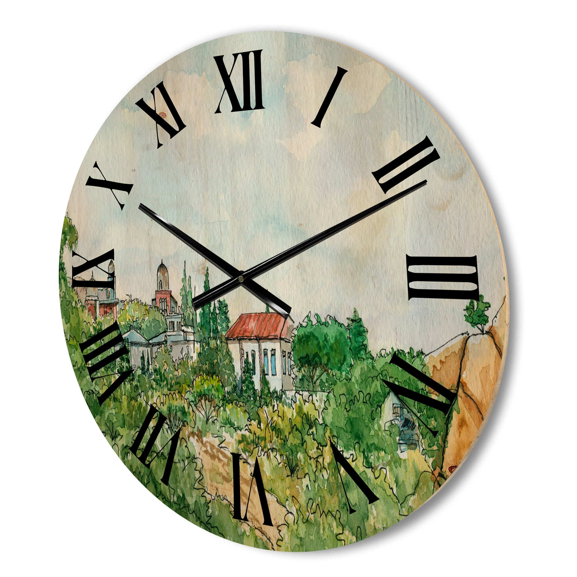 Designart 'White House With Red Roof In The Lush Green Countryside' Traditional Wood Wall Clock