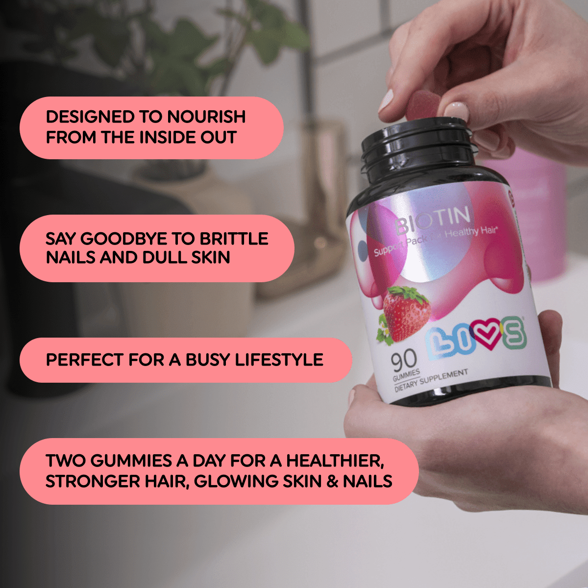LIVS Biotin Gummies - 10,000 mcg Biotin Supplement - Supports Healthy Hair, Skin & Nails - Strawberry Flavor - Unisex - 180 Count (Pack of 2) with 90 Servings