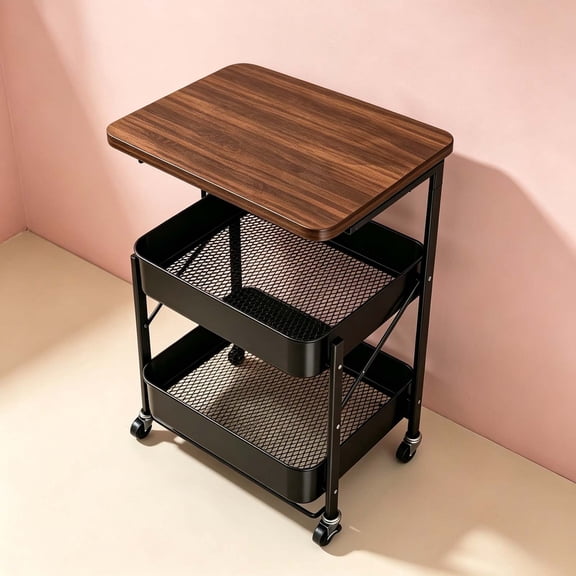 Rolling storage cart with wooden top and lockable casters, metal mesh basket, black 29.14 x 17.72 inches, 1 pack