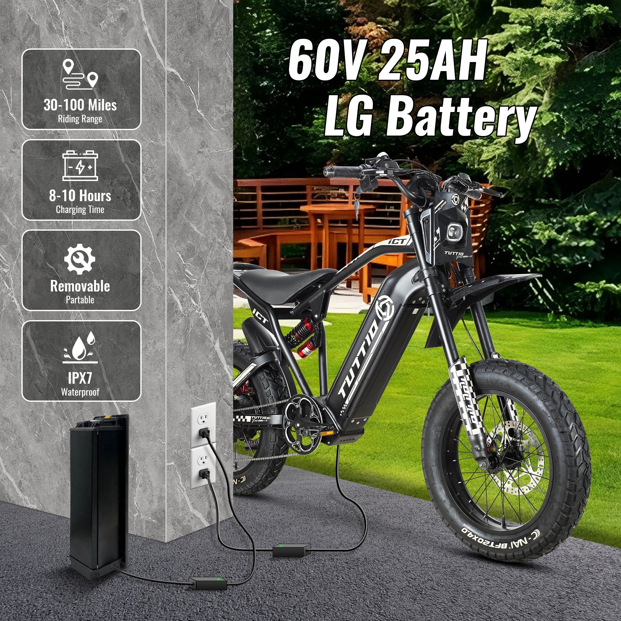 TUTTIO ICT 4000W Men's Electric Dirt Bike, 60V 25AH Teen Electric Motorcycle, Top Speed ​​49 mph, with Rear Wing and Storage Kit