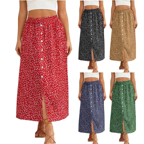 Summer Floral Maxi Skirts For Women Elastic High Waist Single Breasted Flowy Casual Vacation Beach Skirt (XL, Red)
