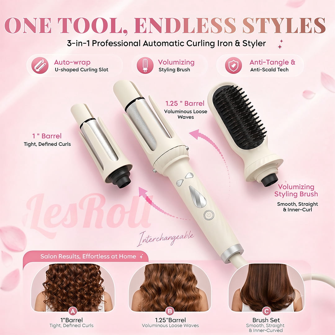3-in-1 Curling Iron Set with 1” & 1.25” Curling Wands and Straightening Brush – Affordable Hair Styling Gift for Women