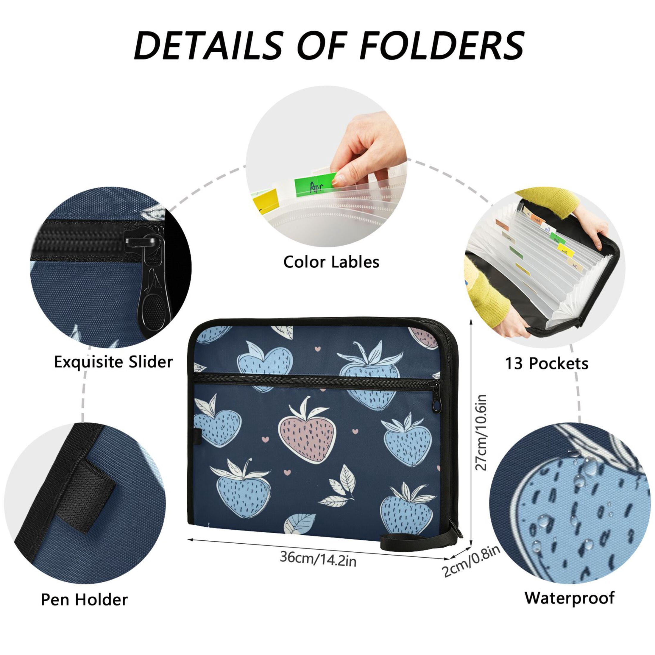 WOBOGO Blue Strawberry Pattern Expanding File Folder Letter Size Accordion Filing Organizer 13 Pocket Separate Organ Pocket