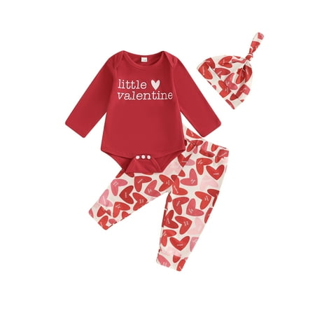 

Txlixc Baby Girls Valentine s Day Pants Sets Long Sleeve O Neck Letter Print Romper Heart Print Pants Hat Sets